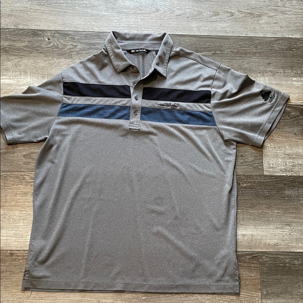 Travis Mathew Men's Gray Polo Shirt with Black and Blue Stripes